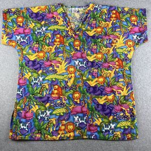 SCRUBS Top Womens Medium M Multicolor Safari Print V Neck Medicalwear Vintage